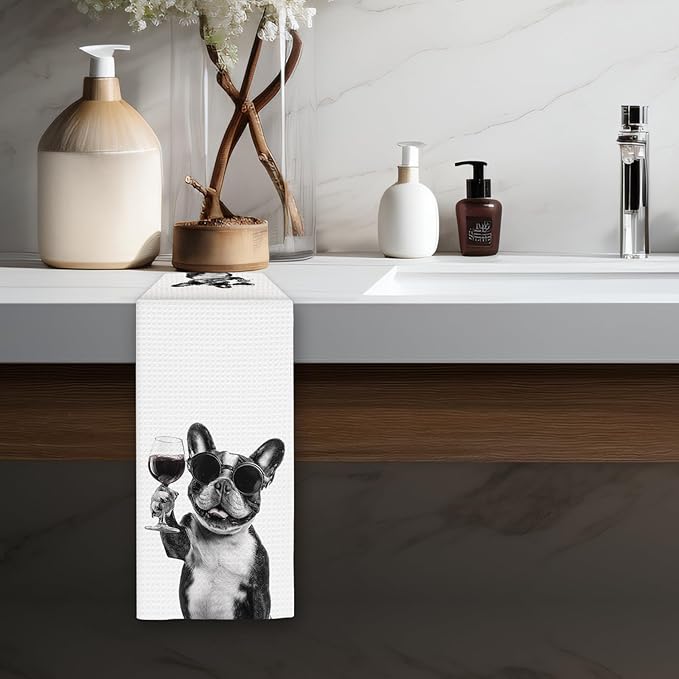 French Bulldog Gifts Wine Dog Kitchen Towels, Gifts for French Bulldog Wine Lovers Decorative Hand Dish Towel for Kitchen Home Bar,Funny Frenchie WineLover Home Bar Kitchens Decor(16x24In)