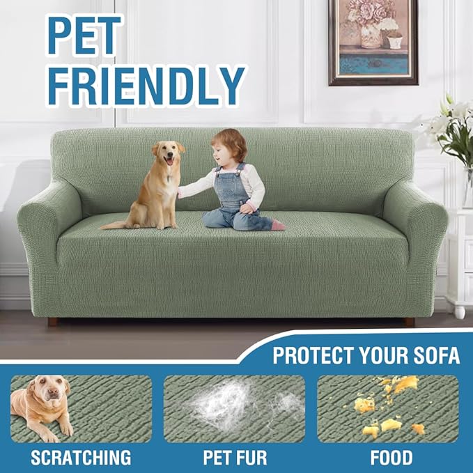 H.VERSAILTEX Stretch Sofa Slipcovers Soft Sofa Covers Washable 1 Piece Jacquard Sofa Covers with Crizzle Pattern Furniture Protector 3 Seater Sofa with Elastic Bottom for Kids,Dog(Sofa, Sea Grass)