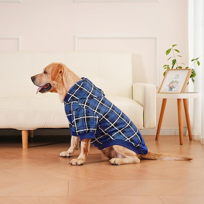 EXPAWLORER Plaid Dog Hoodie - British Style Warm Dog Sweater Shirt with Leash Hole,Pitbull Clothes Outfits,Winter Coat Apparel for All Breeds Puppy Girl Boy-Cat Apparel,Navy Blue XL-XXLarge