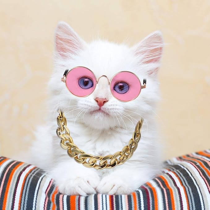 Weewooday 7 Pcs Dog Sunglasses Cats Sunglasses with 2 Gold Chain Retro Round Metal Glasses Funny Cute Cosplay Costume for Small Pet(Vivid Colors,Lovely Style)