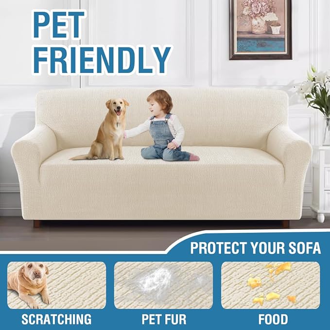 H.VERSAILTEX Jacquard Couch Covers for 3 Cushion Couch 1 Piece Stretch Sofa Covers Furniture Protector Anti-Slip Soft Thickened Dogs Slipcovers Washable Crizzle Pattern(Sofa, Ivory)