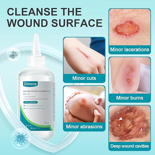 Dimora Skin and Wound Cleanser, OTC First Aid Antiseptic Cleanser,Moistening Absorbent Antibacterial Wound Dressings for Cuts, Abrasions, Lacerations, Burns, Skin Cleansing and Rinsing -2×8oz (16oz)