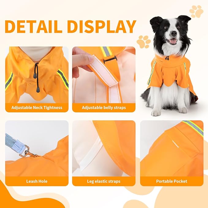 Dog Raincoat, Waterproof Windproof Dog Rain Jacket Adjustable, Rain Coat with Leash Hole, Reflective Strap Raincoat Poncho for Small Medium Large Dogs Outdoor (Reflection-Orange, XXS)