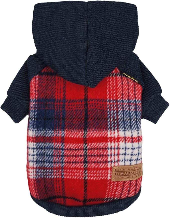 Fitwarm Tartan Plaid Dog Hoodie, Knitted Dog Clothes for Small Dogs Boy, Pet Sweater with Hood, Cat Fleece Lined Winter Outfit, Red, Navy Blue, XL