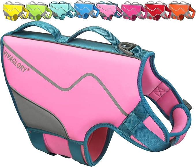VIVAGLORY Neoprene Dog Life Vest, Dog Life Jacket for Swimming & Boating, Lightweight & Buoyancy for Puppy Doggy, Swimming Vest with Handle, XL, Pink Grey