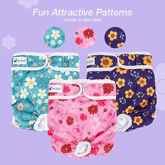 Pet Soft Washable Female Diapers (3 Pack) Female Dog Diapers, Comfort Reusable Doggy Diaper for Girl Dog in Period Heat (Cute Flower, L)