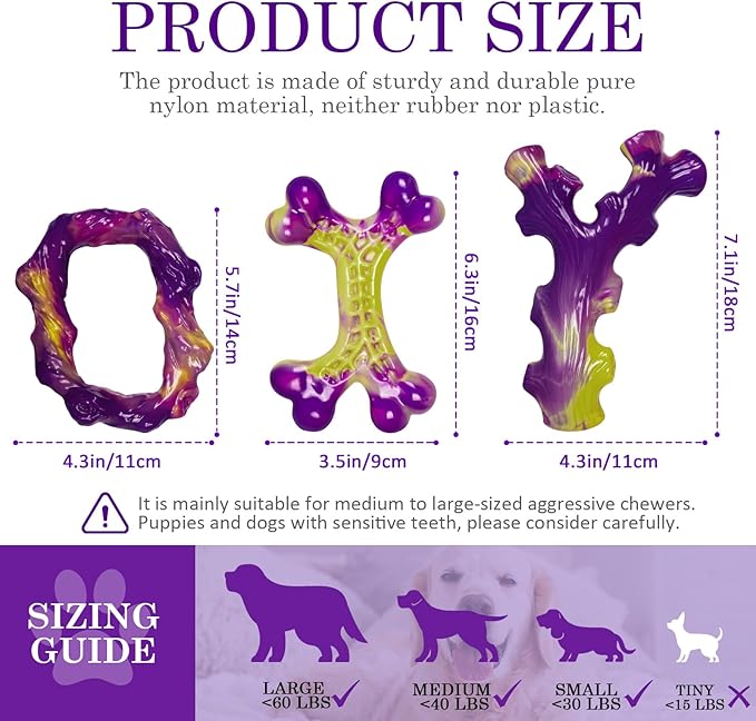 Tough Dog Toys for Aggressive Chewers 3 Pack, Indestructible Dog Toy for Large Dogs, Keeps Dogs Busy Bacon Flavored Nylon Bone for 15-60lbs Medium/Large Breeds, Interactive Dog Toys