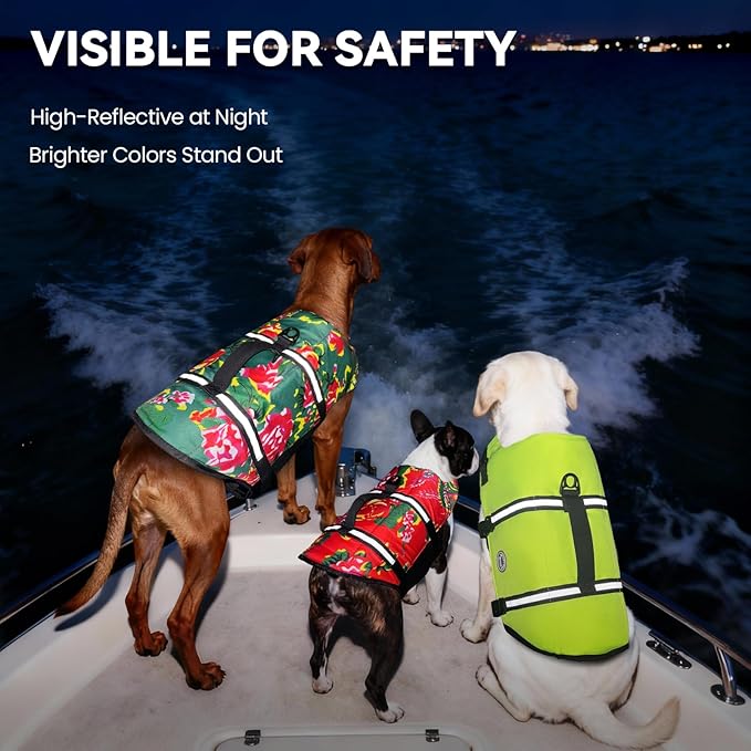 VIVAGLORY Rip Stop Dog Life Vest, Swimming Vest with Handle, Buoyancy for Doggy Puppy, Dog Life Jacket for Swimming & Boating, S, Northeast Florals-Green