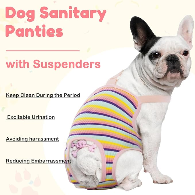 Dog Diaper Suspenders Female Striped Sanitary Pantie with Adjustable Suspenders, Washable Dog Period Panties Physiological Pants, Dog Period Onesie Pet Breathable Jumpsuits(Rainbow Pattern, L)