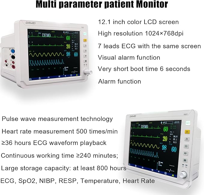 12.1" Veterinary Vital Signs Monitor for Pets, Animal ECG, SpO2, Blood Pressure, Respiration & Temperature Monitoring for Dog, Cat and Small Animals