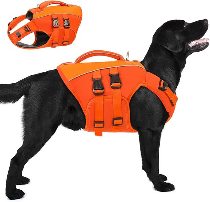 Queenmore Dog Life Jacket,Pet Life Vest for Swimming,Adjustable Reflective Pet Swimming Vest,High Buoyancy Dog Life Jacket,Pet Life Preserver(Orange,2XL)