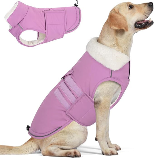 Mklhgty Extra Warm Dog Coat, Waterproof Dog Winter Jacket with Leash Portal, Fleece Reflective Pet Snow Vest for Small Medium Large Dogs - Lilac - S