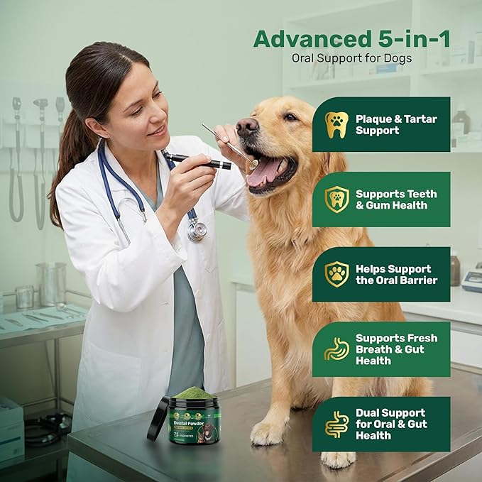 Dog Dental Powder - Plaque Off Powder - Dog Teeth Natural Cleaning Powder - Dogs Breath Freshener - Enzymes & Probiotic with Tartar and Plaque Off - Pets Tooth Cleaning- 150g/5.3 oz