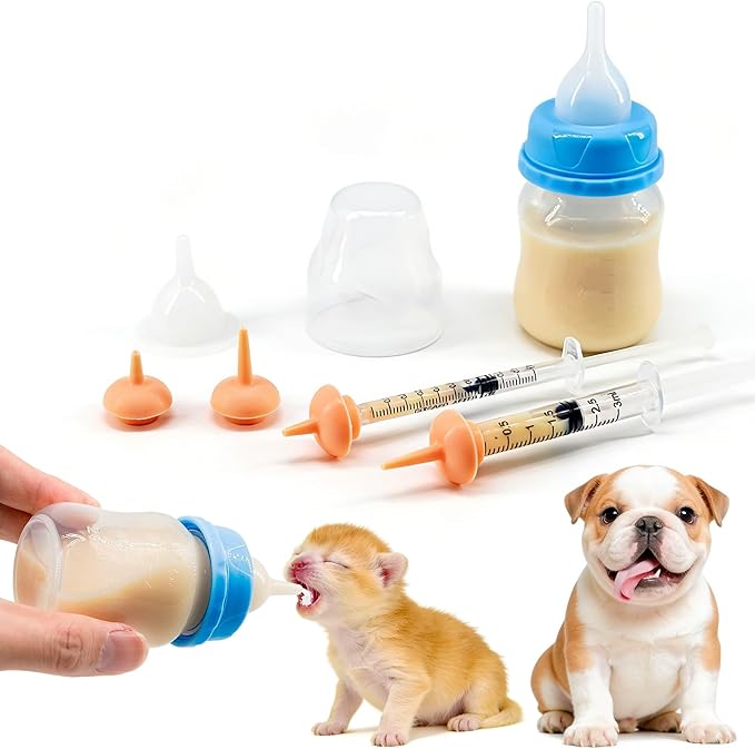 Pet Feeding Bottle and Syringe Set for Puppies and Kittens(1 Bottles,2 Syringes,6 Nipples), Blue