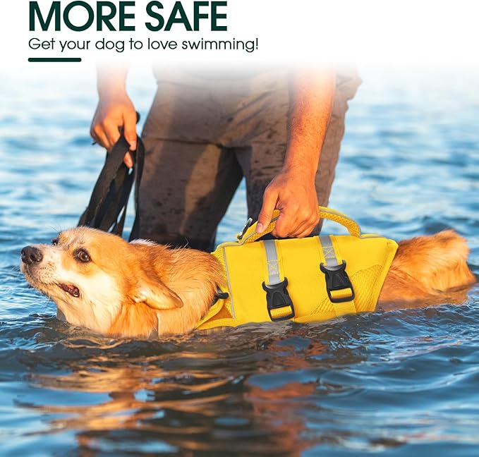 Kuoser Dog Life Jacket, High Flotation Dog Life Vest for Swimming Boating, Adjustable Ripstop Pet Lifesaver for Small Medium and Large Dogs, Reflective Safety Puppy Swimming Vest with Rescue Handle