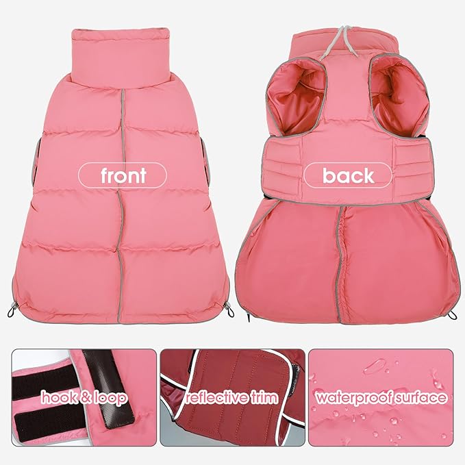 FUAMEY Dog Puffer Jacket for Large Dogs,Dog Cold Weather Coats Winter Dogs Down Jackets Waterproof Pet Snowsuits Warm Puppy Winter Vest Turtleneck Pets Adjustable Jackets Coats Pink XL
