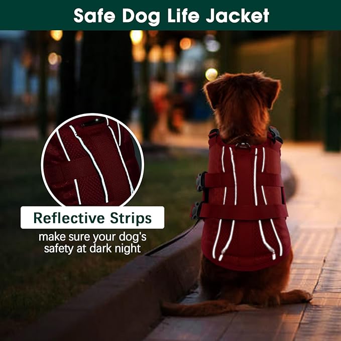 Kuoser Dog Life Jacket High Flotation, Reflective Dogs Life Vest for Swimming Boating, Adjustable Small Medium Large Dog lifejacket, Lightweight Dogs Life Preserver Rescue Handle Spring Summer Pool