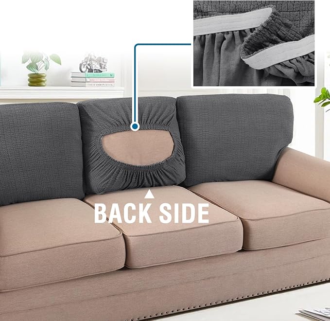 H.VERSAILTEX Jacquard Couch Cushion Covers High Stretch Sofa Covers for 3 Cushion Couch Furniture Protector Spandex Anti-Slip Soft Thickened Slipcovers Crizzle Pattern(3 Back Covers, Grey)