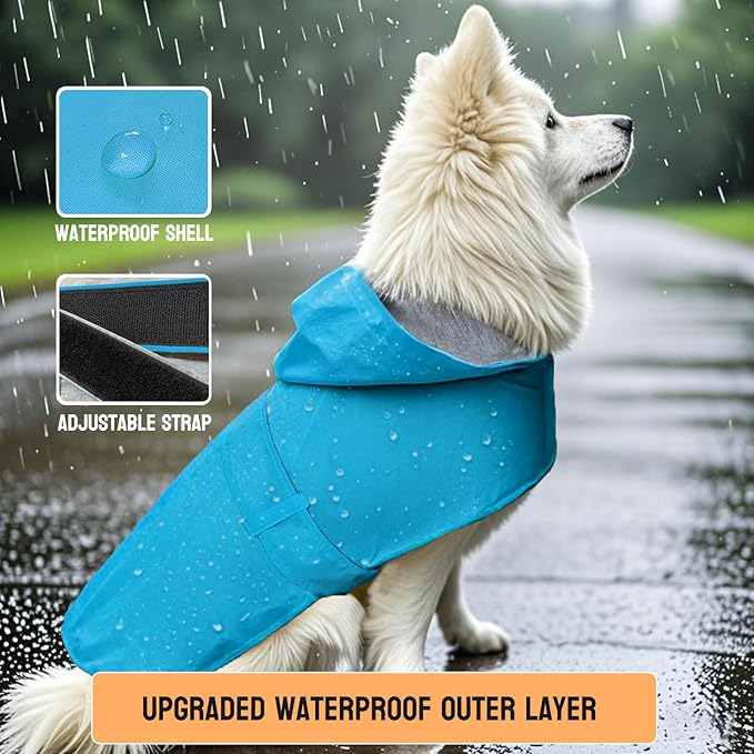 Dog Raincoat Dog Rain Jacket Poncho Waterproof Snowproof Pet Rain Suit Double-Layered Warm Lining Hooded Leash Hole Adjustable Puppy Small Medium Dogs,Blue,XL,Back Length 13-15.5 inches
