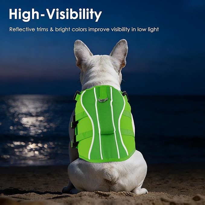 Dog Life Jacket, High Buoyancy Dog Life Vest with Handle for Swimming Boating, Adjustable Swimming Vest with Reflective Trim for Small Medium Large Dogs - Green, XS