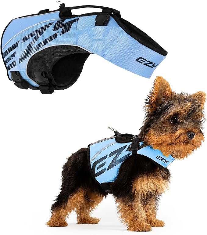 EzyDog DFD X2 Dog Life Jacket - Adjustable Swimming Safety Life Vest Preserver with Continuous Neck Flotation, Reflective Trim, & Grab Handle (Small, Blue)