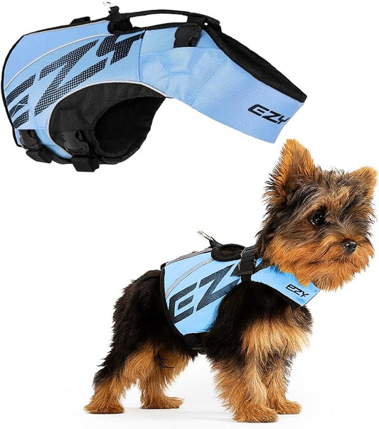 EzyDog DFD X2 Dog Life Jacket - Adjustable Swimming Safety Life Vest Preserver with Continuous Neck Flotation, Reflective Trim, & Grab Handle (Small, Blue)