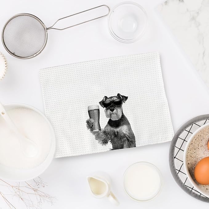Gifts for Mini Schnauzer Dog Wine Lovers Kitchen Towels Set of 2, Schnauzer Gifts Wine Decorative Hand Dish Towel for Kitchen Home Bar, Funny Dog Beer Lover Home Bars Kitchens Decor(16x24 Inch)