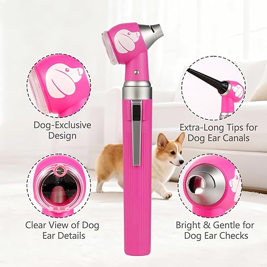 Pocket Veterinary LED Otoscope - Pet Ear Scope with Light for Dogs & Cats, 6 Disposable Tips (4/6/9mm), Portable Ear Infection Detector (Pink)