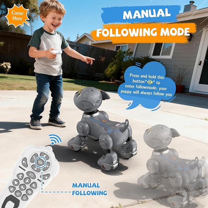 PRANITE Robot Dog, Remote Control Programmable Smart Toy with Touch and Music Interaction, Follow Mode, Interactive Puppy Gift for Kids [Gray]