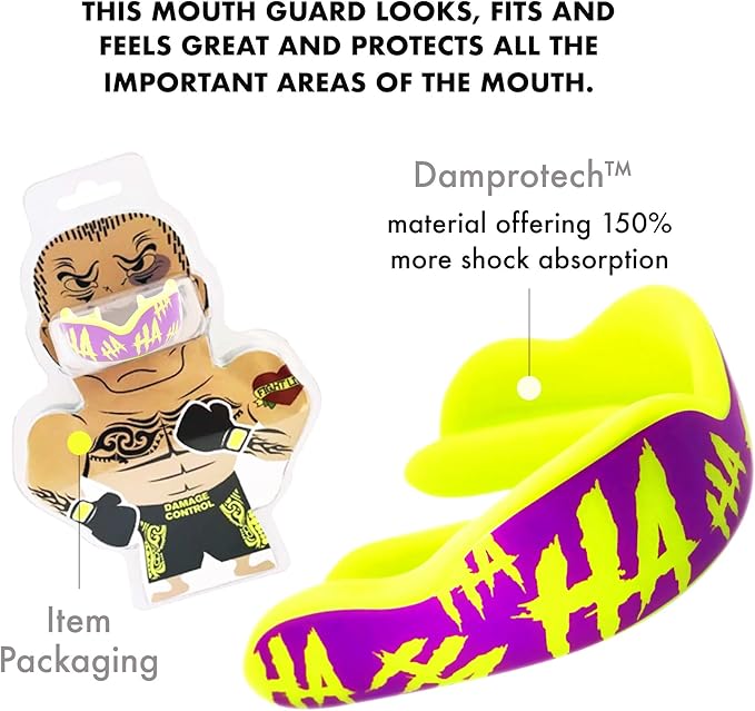 DAMAGE CONTROL High-Impact Mouth Guard – Sports Mouthguard for Boxing, Football, Hockey, Lacrosse & Basketball, Protects Teeth & Jaw, Protective Mouthpiece for Adults & Youth (Adult, HA HA HA 2.0)
