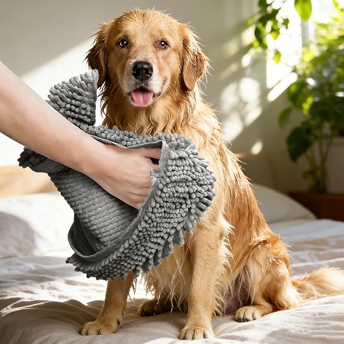 6 Pack Dog Towels for Drying Dogs, Bath Supplies Bath Grooming Kit for Pets, Pet Bath Towel Super Absorbent Set with Hair Brush, Washing Gloves for Large or Small Cats,Grey