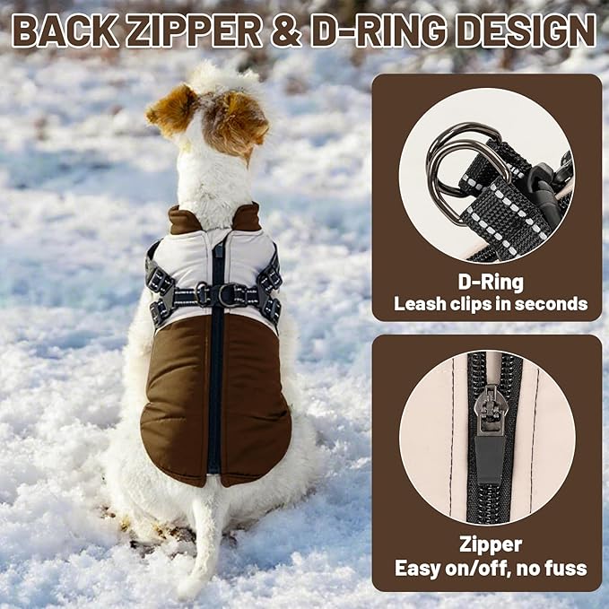 Dog Winter Coat for Small & Medium Dogs, Waterproof Dog Coat with Harness, Puppies Windproof Puppy Puffer Jacket, Snowsuit for Dachshund, Frenchie, Corgi (Classic Brown,S)