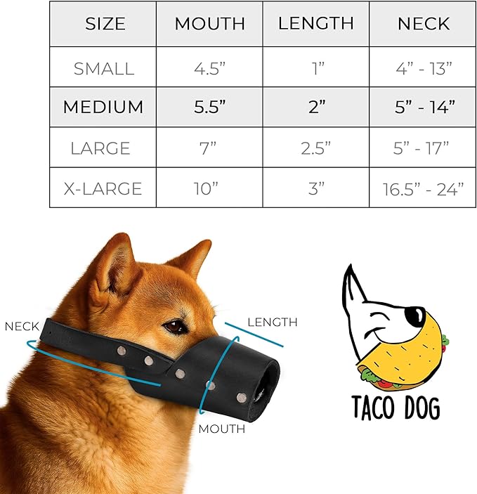 Taco Dog, Leather Dog Muzzle Guard Handmade from Full Grain Leather - Secure Training Cover, Mouth Guard Mask Prevents Biting Chewing (Charcoal Black, Medium)
