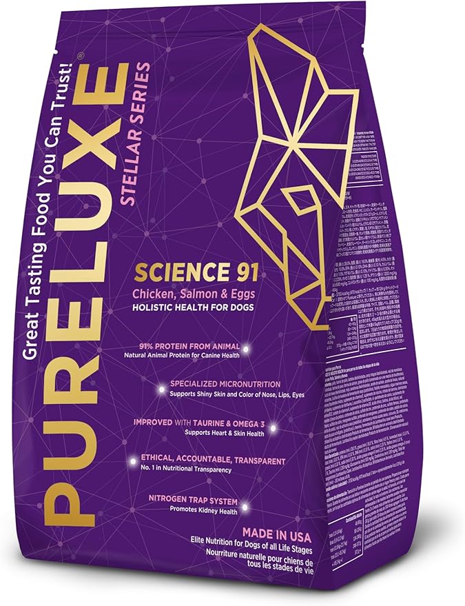PURELUXE Grain and Gluten Free Dog Food, Stellar Science 91, Chicken, Salmon, and Eggs, for All Life Stages, Made in The USA, 22lbs