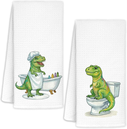 Funny Dinosaur Bathroom Hand Towels Set of 2, Kids Boys Bathroom Decor, Dinosaur Gifts for Boys Kids Hand Towels for Bath Room Washroom Toilet, 16x24 Inch