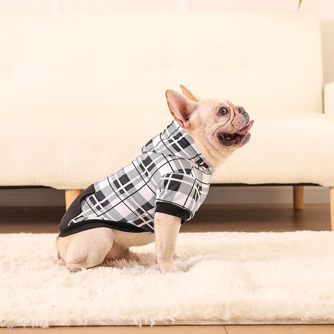 EXPAWLORER Plaid Dog Hoodie - British Style Warm Dog Sweater Shirt with Leash Hole,Pitbull Clothes Outfits,Winter Coat Apparel for All Breeds Puppy Girl Boy-Cat Apparel,Black & White Medium