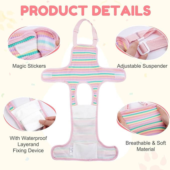 Pet Diaper Suspenders - Washable Sanitary Panties with Adjustable Straps, Female Dog Period Onesie, Breathable Jumpsuit (Rainbow Pattern, XL)