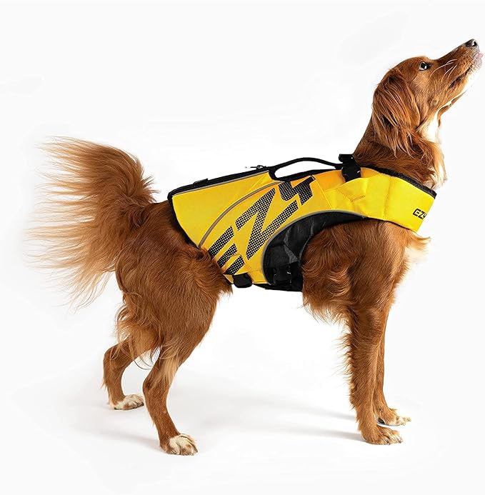 EzyDog DFD X2 Dog Life Jacket - Adjustable Swimming Safety Life Vest Preserver with Continuous Neck Flotation, Reflective Trim, & Grab Handle (Large, Yellow)