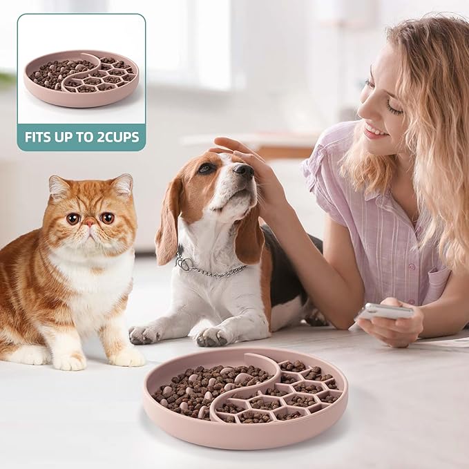 Slow Feeder Dog Bowls, Silicone Pet Food Bowls with Suction Cups, Non-Slip Dog Feeding Slow Down Pet Eating Speed for Fast Eaters, Anxiety Relief & Fun Added (Pink)