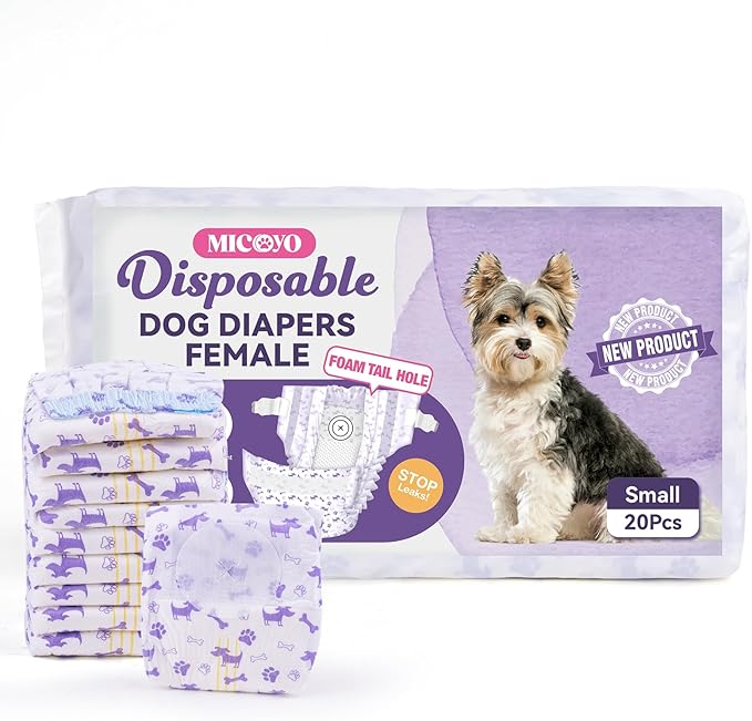 MICOOYO Disposable Dog Diapers Female, Doggie Diapers for Dogs Female, Super Absorbent Pet Diaper with Foam Tail Hole for Heat, Comfortable Puppy Diaper (Small, 20Count)