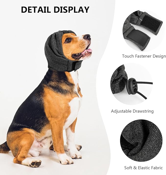 NACOCO Dog Calming Hoodie Adjustable - Anti-Slip Hematomas Noise No Shake Head Wrap Ear Covers Muffs for Dogs Anxiety Relief Noise Canceling Protection Fireworks Grooming Medium (Grey,L)