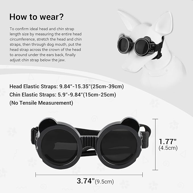 NAMSAN Dog Goggles Small Breeds, UV Protection Dog Glasses for XSmall to Small Dogs, Chihuahua Sunglases Windproof Dustproof Driving Eye Protection, Adjustable, Panda Black