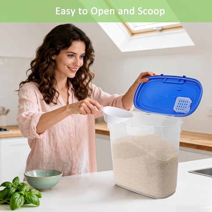 Large Rice Storage Container 20 Lbs - Tall Flour Container with Scoop + Cup - Slim Dry Food Storage Bin for Cereal, Sugar, Beans, Pet Dog Cat Food Container - Kitchen and Pantry Storage Organization