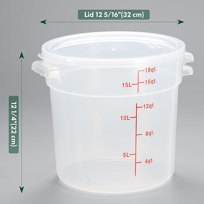 CURTA 18 Quart Translucent Round Food Storage Container with Lid, Pack of 4 – NSF Listed, BPA-Free, Commercial-Grade Polypropylene, Freezer & Dishwasher Safe, Non-Stick, Easy-Read Graduations