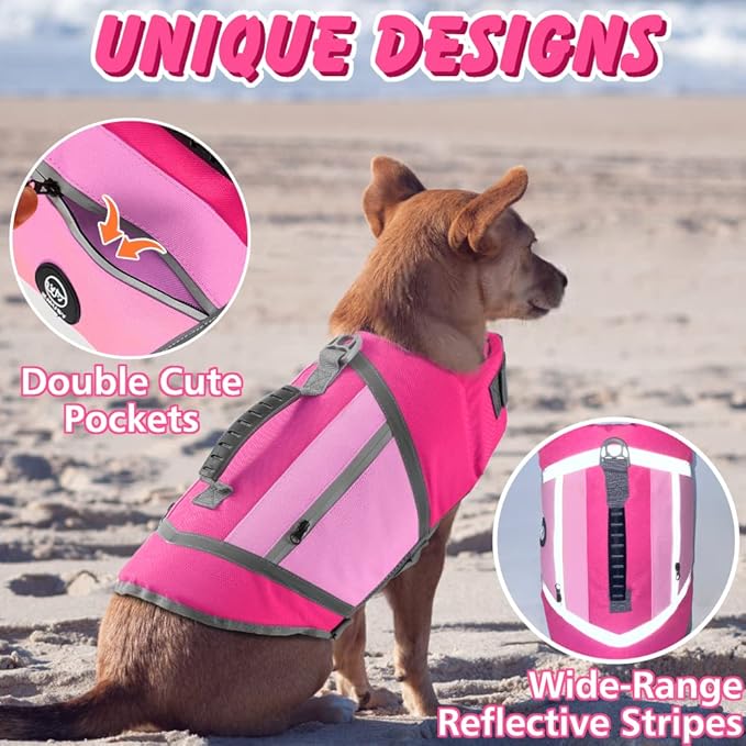 EMUST Dog Life Vests, Lightweight Dog Floating Vest with Durable Rescue Handle Quick-Release Buckles, Adjustable Pet Lifejacket with Pockets for Bulldogs, Dachshunds, Corgis, Pink, XXL