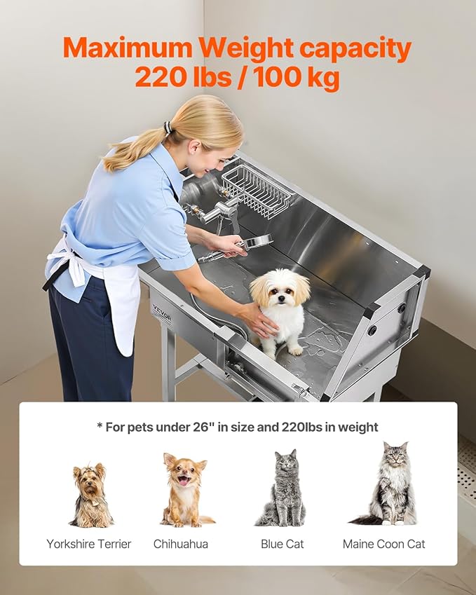 VEVOR 34 Inch Stainless Steel Dog Washing Station, Pet Grooming Tub with Hot & Cold Faucet, Showerhead, Home Wash Sink, Fits Small Cats and Dogs, Non-Slip Stairs (Right Door)
