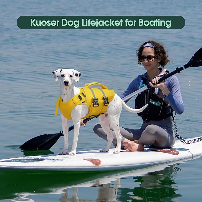 Kuoser Dog Life Jacket, High Flotation Dog Life Vest for Swimming Boating, Adjustable Ripstop Pet Lifesaver for Small Medium and Large Dogs, Reflective Safety Puppy Swimming Vest with Rescue Handle