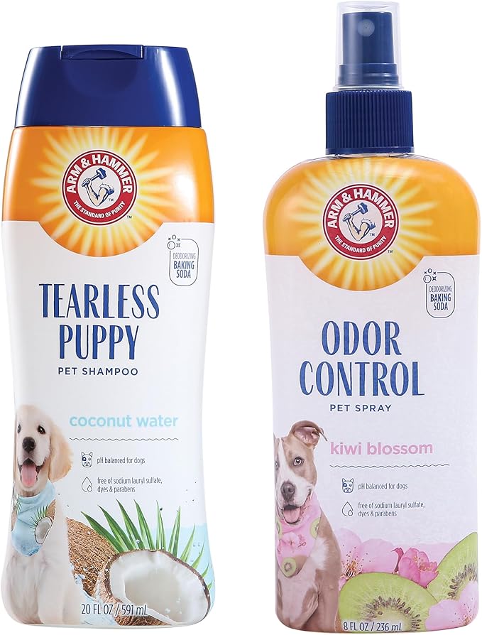 Arm & Hammer Tearless Puppy Shampoo & Super Deodorizing Spray Bundle – Gentle Coconut Water Dog Shampoo, 20 Fl Oz & Kiwi Blossom Odor Eliminating Spray for Dogs & Puppies, 8 Fl Oz