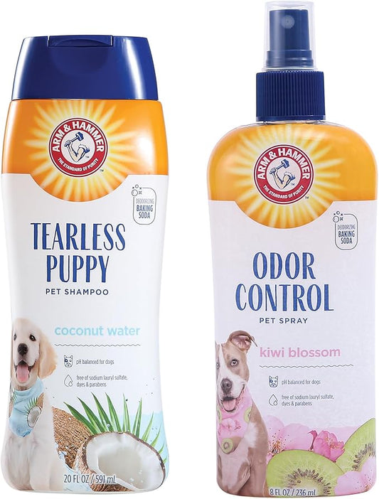 Arm & Hammer Tearless Puppy Shampoo & Super Deodorizing Spray Bundle – Gentle Coconut Water Dog Shampoo, 20 Fl Oz & Kiwi Blossom Odor Eliminating Spray for Dogs & Puppies, 8 Fl Oz