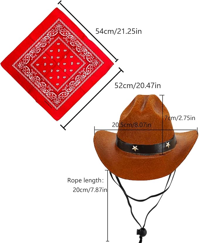 Dog Cowboy Hat & Bandana Scarf (Coffee, Adjustable, Large) - Cute Pet Apparel Costume for Dogs & Cats - Holiday Party Decoration & Surprise Gift